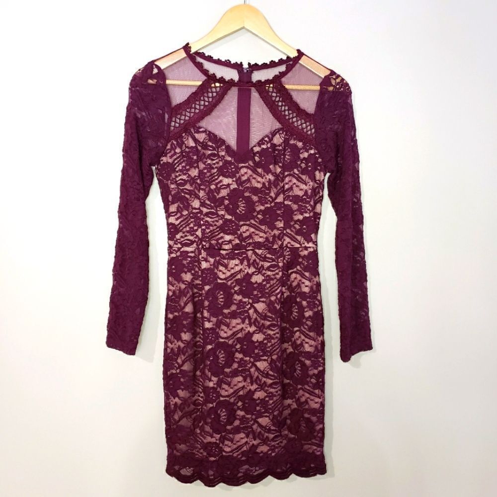 Soieblu Small NWT Wine Red Lace Sheer Long Sleeve Bodycon Dress Scalloped Hem
